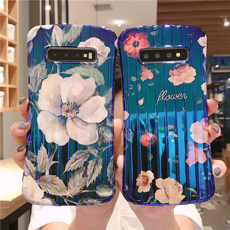 

Bling Flower Phone Case For Samsung Galaxy S8 S9 S10 Plus Note 10 Pro Note 9 8 Soft Silicone TPU Small Waist Blue Light Covers