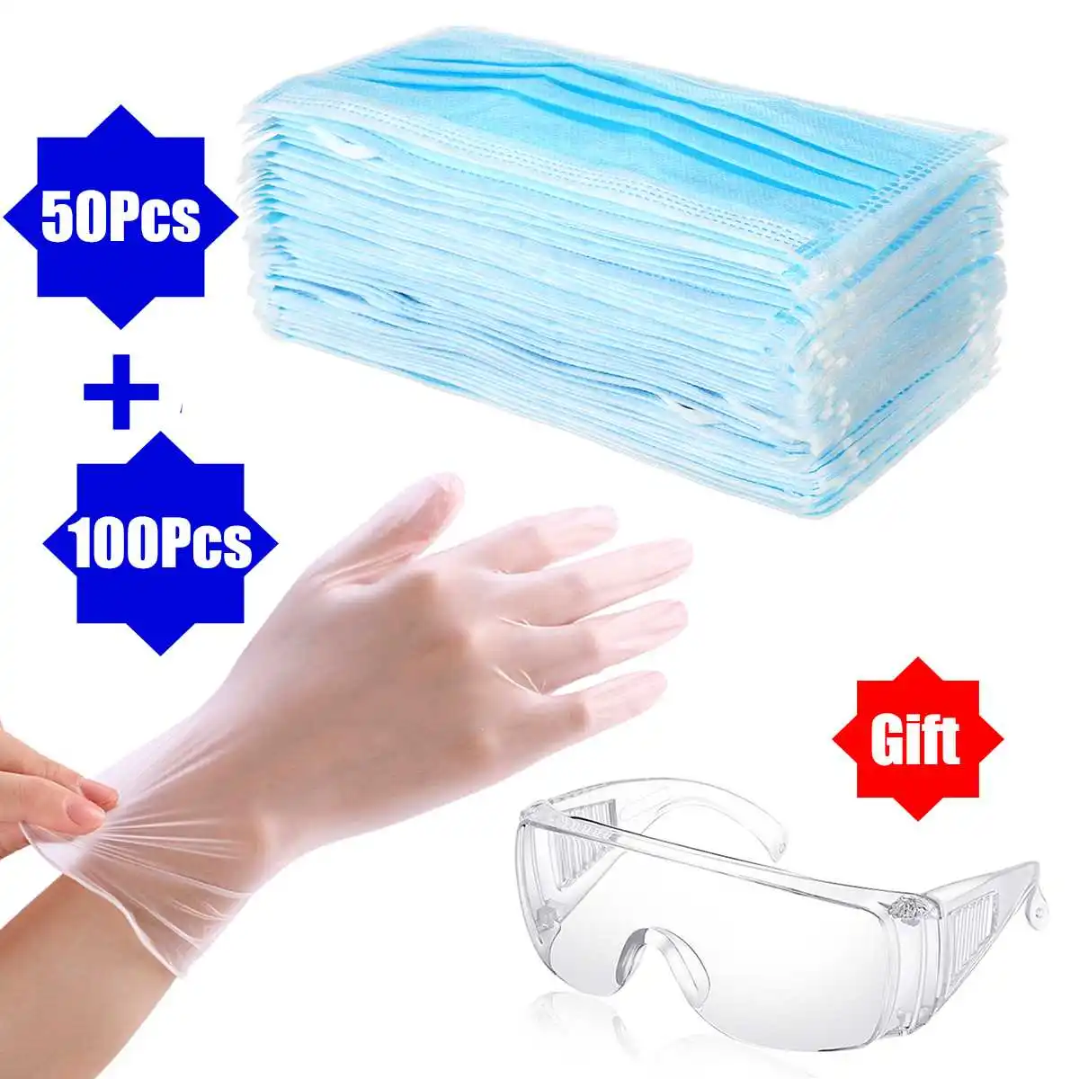 

50pcs Disposal Protective Anti virus Mask+100 pcs PVC Transparent Hand Fingertips Protective Gloves+1pc Anti Dust Safety Goggles
