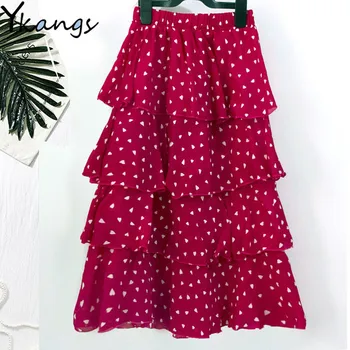 

Summer Heart Print Chiffon Tiered Midi Skirt Women Boho Beach Retro Cake Pleated Skirt Female Black Red Casual Party Long Skirt