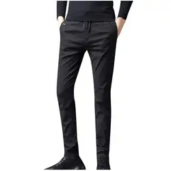 Мужские новые модные повседневные однотонные прямые тонкие брюки на шнурке длинные брюки повседневные мужские хлопковые облегающие брюки