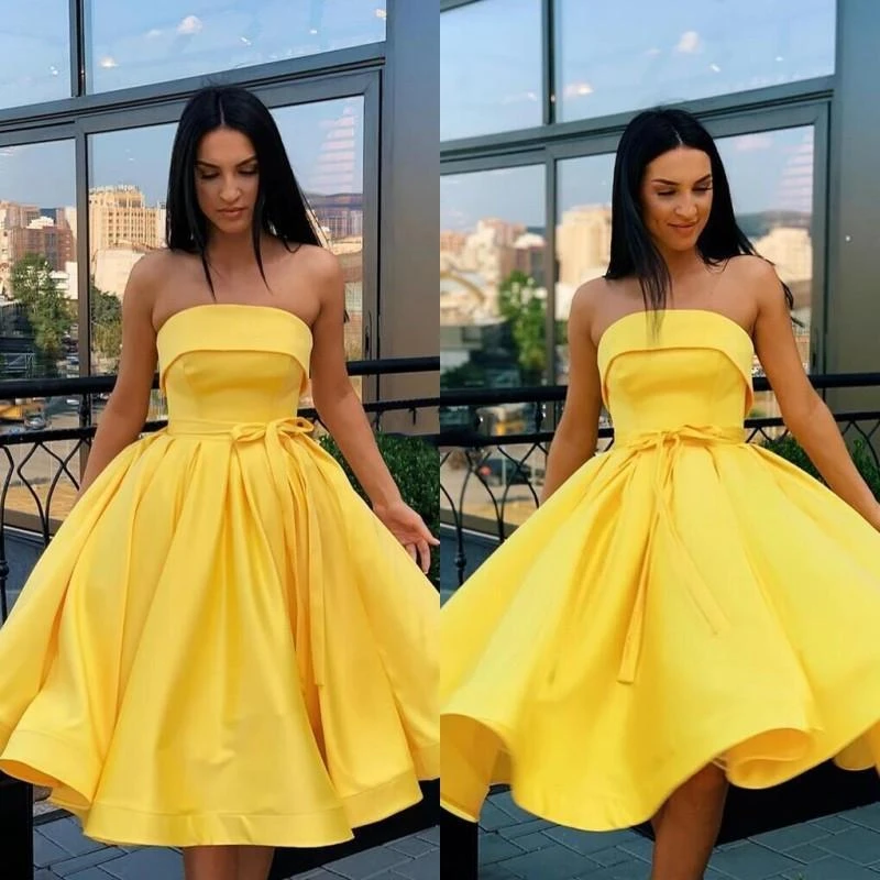 Vestido de fiesta corto amarillo elegante, vestido de con faja sin tirantes, fruncido, línea A, para ocasiones especiales, de graduación|Vestidos de graduación| - AliExpress