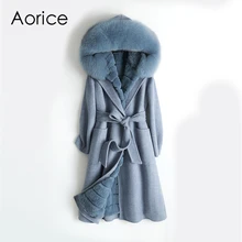 Aorice ZY18558 Женское пальто из натуральной шерсти с узором в елочку из ткани женский кроличий мех подкладка Лисий меховой воротник для отдыха осень/зима шерсть длинная верхняя одежда