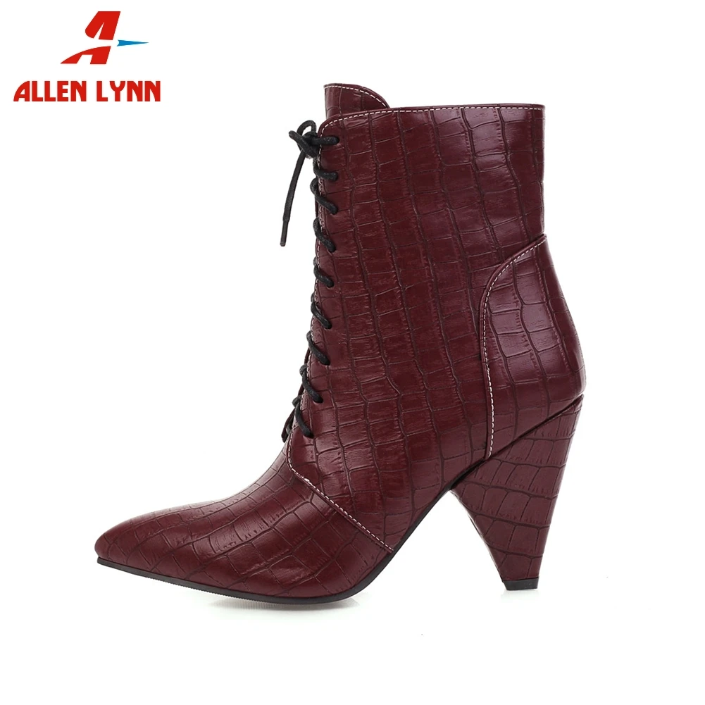

ALLENLYNN New 35-47 Lady 2020 High Spike Heel Shoes Woman Pointed Toe Ankle Boots Women Fashion Stone Fretwork Shopping Boots