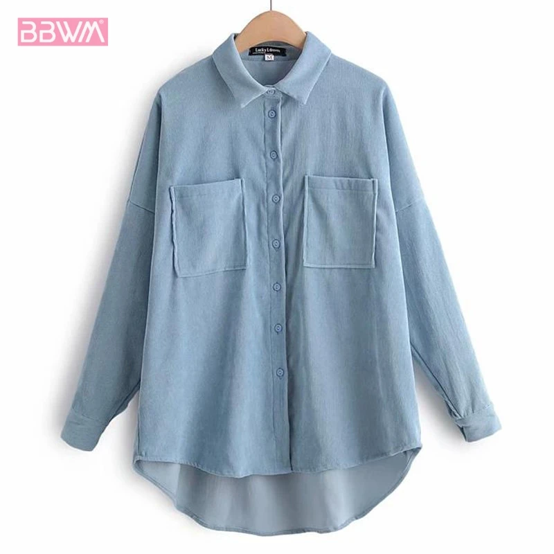 

Autumn New Solid Color Corduroy Lapel Long Sleeve Loose Thickening Women's Shirt Single-breasted Pocket Female Shirt Tops