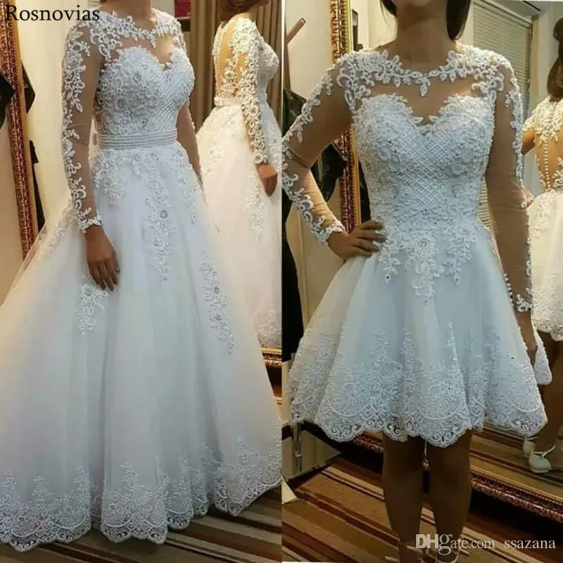 Новые съемные платья принцессы с длинным рукавом Vestido De Noiva аппликации для свадебных платьев 2 в 1 бальное кружевное свадебное платье