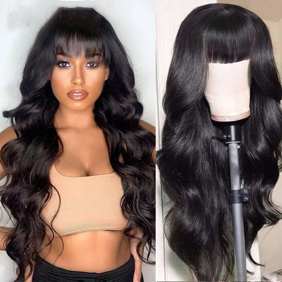 Long Human Hair Wigs With Bangs Full Machine Made Wig Brazilian Body Wave Wigs Natural Color