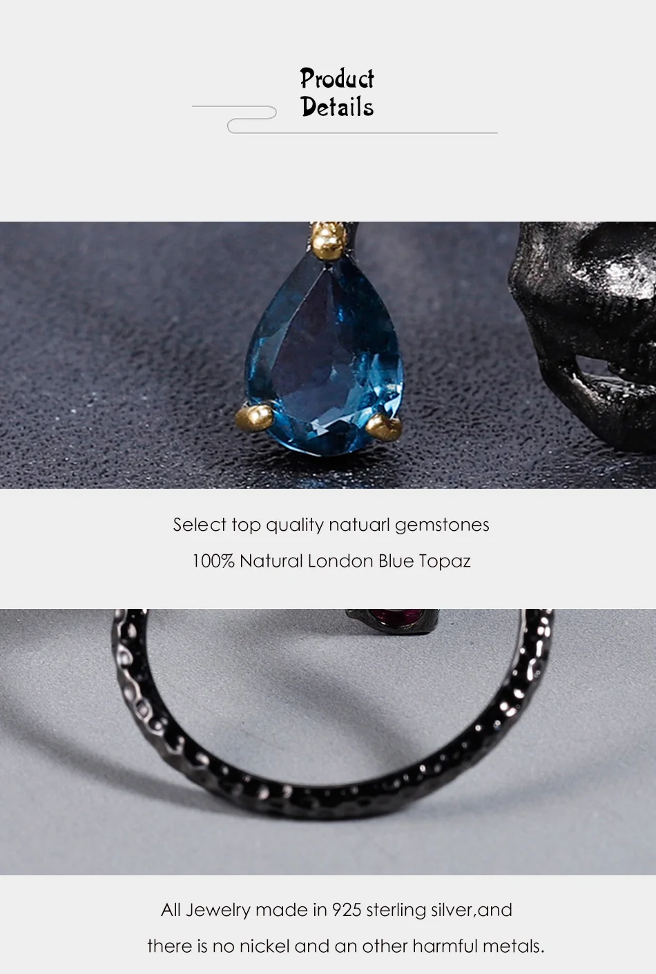 GEM'S балетное 925 пробы Серебряное Открытое кольцо ручной работы 0.84Ct натуральный Лондон Голубой топаз череп из драгоценных камней кольцо для женщин хорошее ювелирное изделие