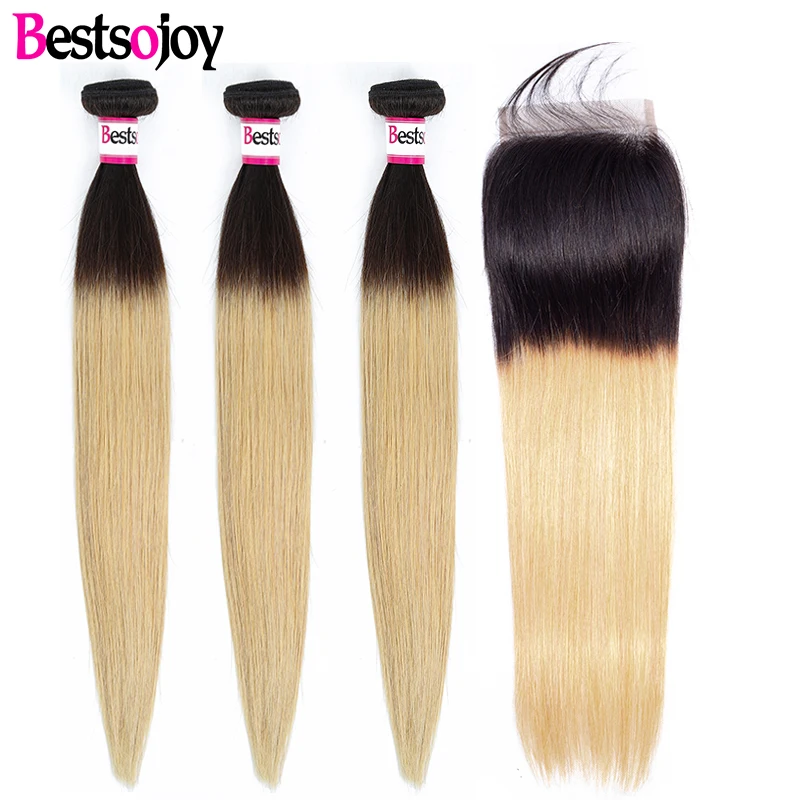 

Bestsojoy Ombre Brazilian Straight Hair 3 Bundles With Closure 1B/27 Human Hair Extensions With 4*4 Lace Closure
