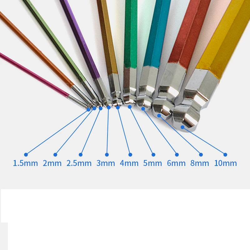 9pcs Color Hexagon Wrench S2 Extra Long Ball Head Hex Key Wrench Spanner Screwdriver 1.5/2/2.5/3/4/5/6/8/10mm Repair Hand tool