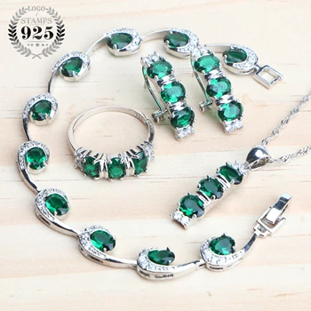 

925 Silver Bridal Jewelry Sets Green CZ Earrings With Stones Wedding Jewelry Rings Charms Bracelets Necklace Set For Women