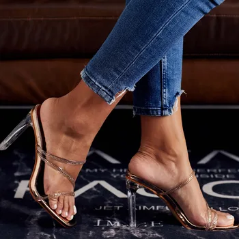 

2020 Summer PVC Rhinestone Sandals Perspex Heel Stilettos Fashion Women Sandals Peep Toe Slip-on High Heels Ladies Shoes