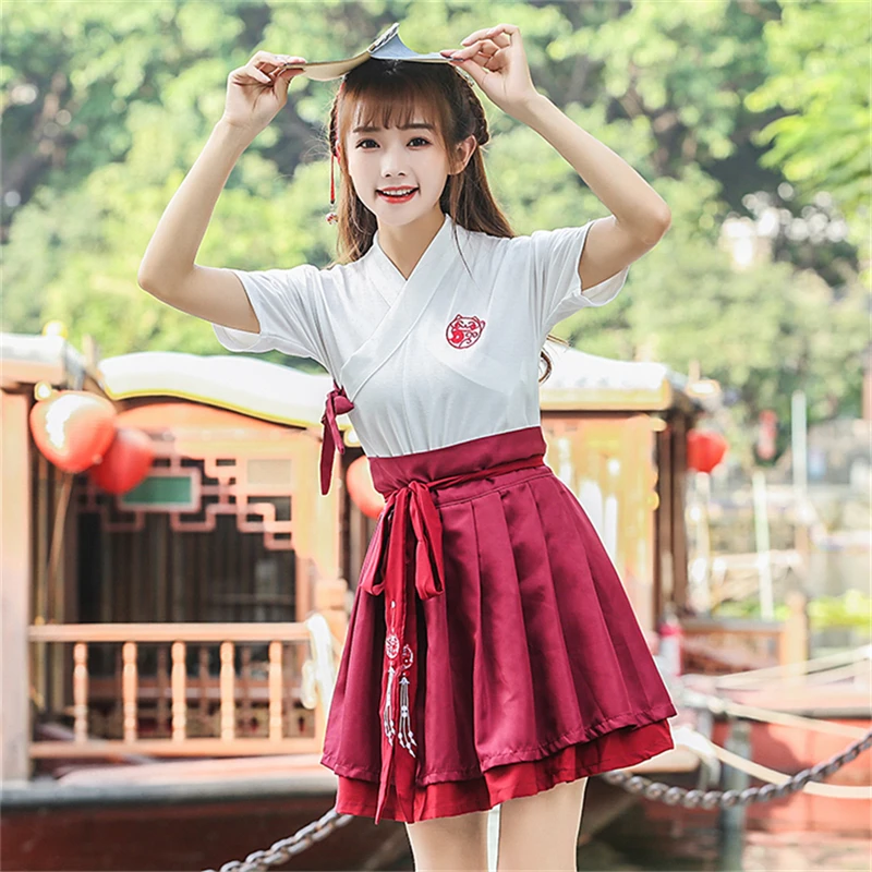 Red Suit Кимоно для девочек в японском стиле хаори, юбка, костюм для женщин, традиционные ЯПОНСКИЕ ВИНТАЖНЫЕ вечерние платья в азиатском стиле, юката, чайное платье с вышивкой - Цвет: Red Suit