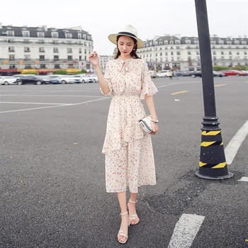 

2020 Bow Vintage Ruffles Floral Print Dress Summer Party Midi Long Dress Chiffon Women High Waist Pleated Beach Elegant Dresses