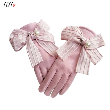 

Women Winter Gloves Suede Touch Screen Five-finger Suede Solid Color Bow Size Pearl Cute Warm Gloves Fashion Driving Gloves
