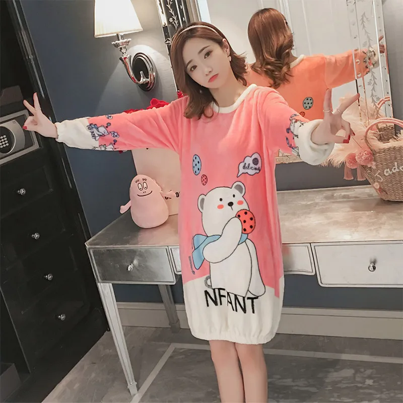Velvet Flannel Long Sleeve Women's Pajamas Winter Thicken Cute Cartoon Animal Bear Printed Sleepwear Sweet Student Knee Length - Цвет: Черный