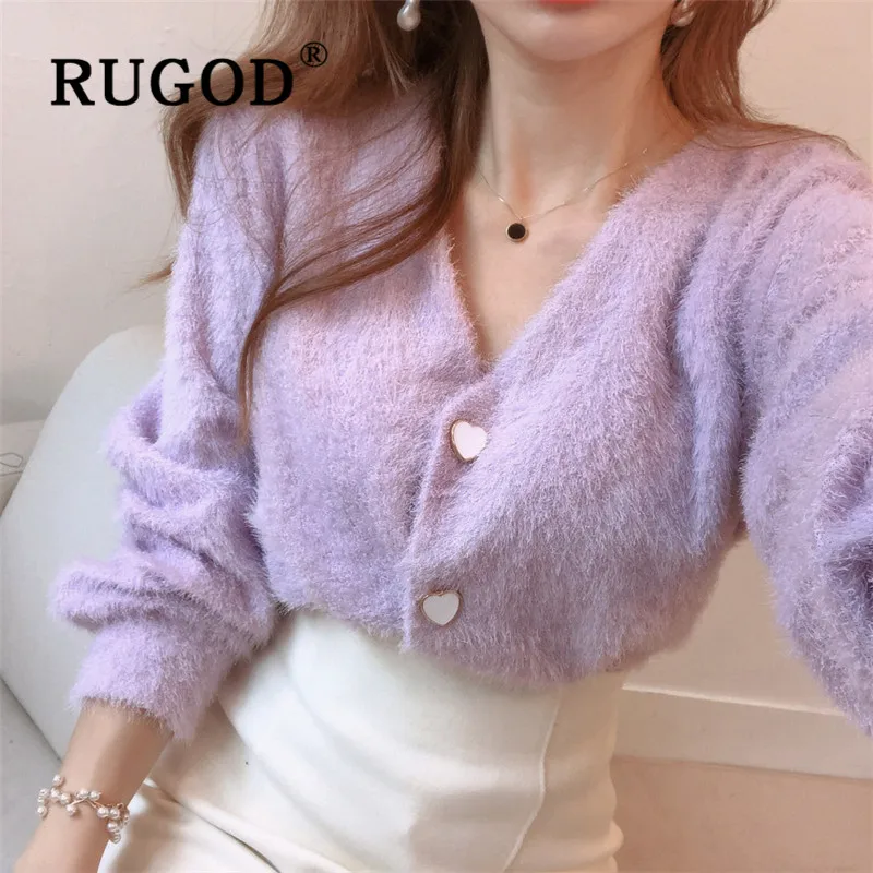 Свитер женский RUGOD, Элегантный Пушистый кардиган с v-образным вырезом, женский толстый теплый зимний кашемировый свитер, модное однобортное вязаное пальто с длинным рукавом кофта женская