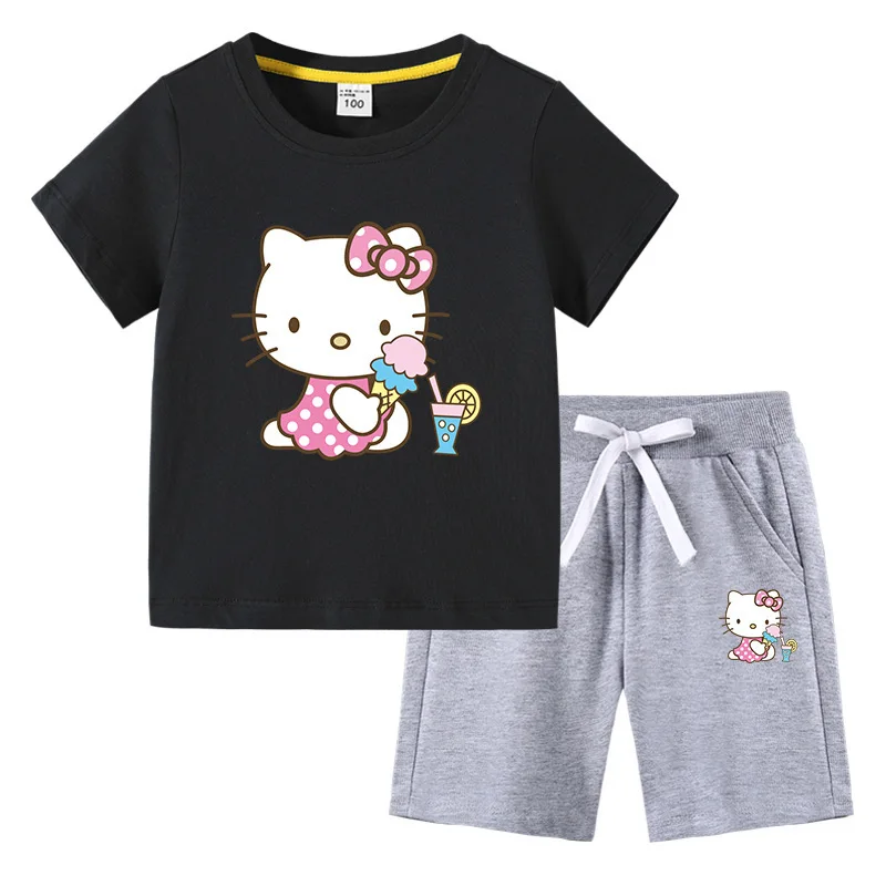 thumbnail image 1 of Hello Kitty verano niños pequeños de algodón de manga corta camiseta traje niños pantalones cortos de manga corta conjunto de dos piezas ropa para niños, 1 of 5