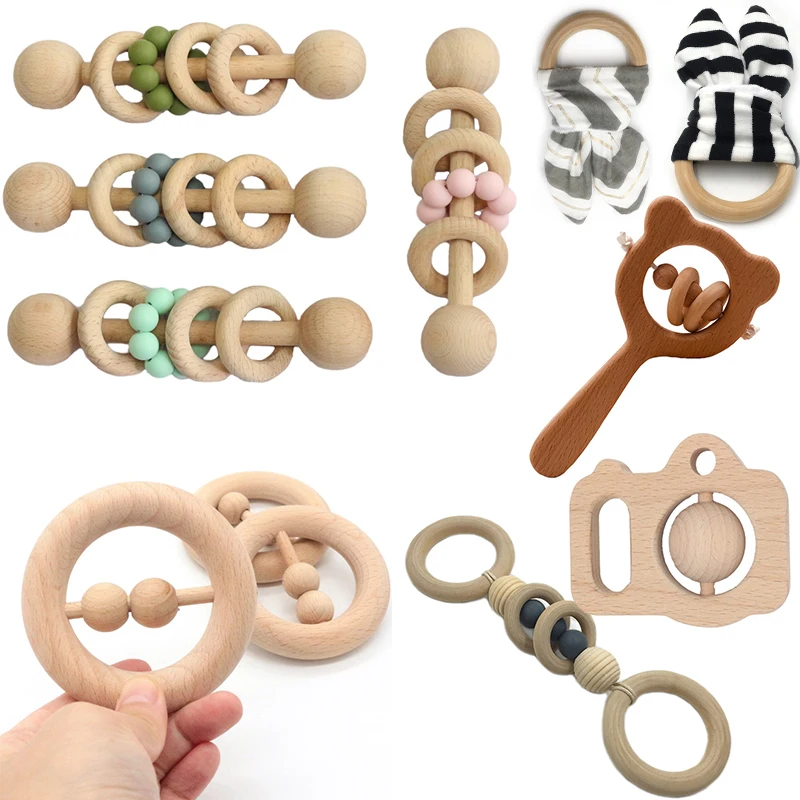 

Wooden Rattle Beech Bear Hand Teething Wooden Ring Baby Rattles Play Gym Montessori Stroller Toy Educational Toys For Children
