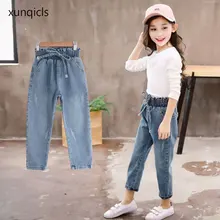 Новые детские джинсы для девочек от 3 до 11 лет Детские джинсы с дырками джинсовые штаны для малышей длинные брюки для девочек, одежда весна-осень