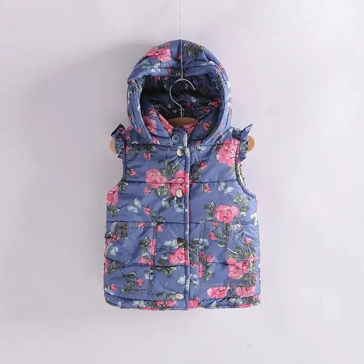 Зимний стильный детский жилет толстый стеганый жилет для девочек жилет с капюшоном и цветочным рисунком