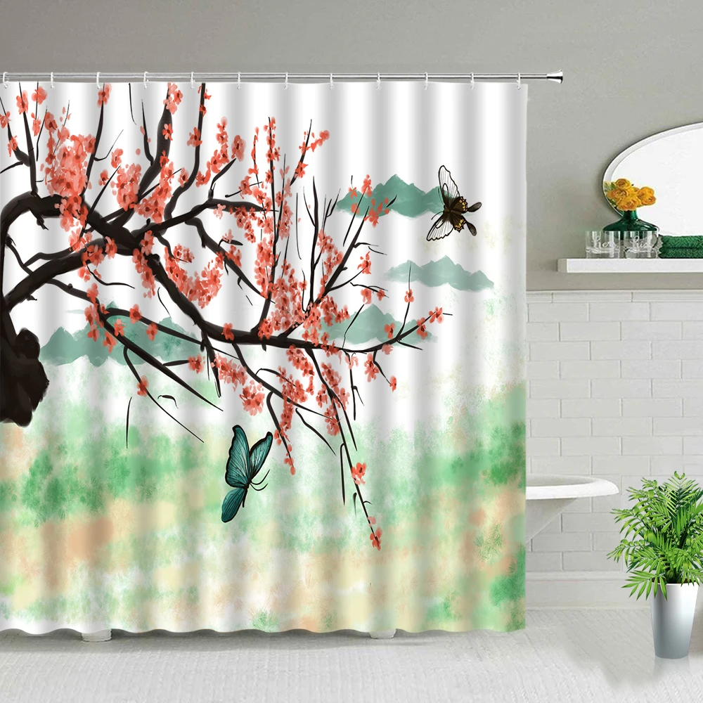 

Шторы для ванной комнаты в китайском стиле с изображением пейзажа цветов бабочек цветов растений птиц