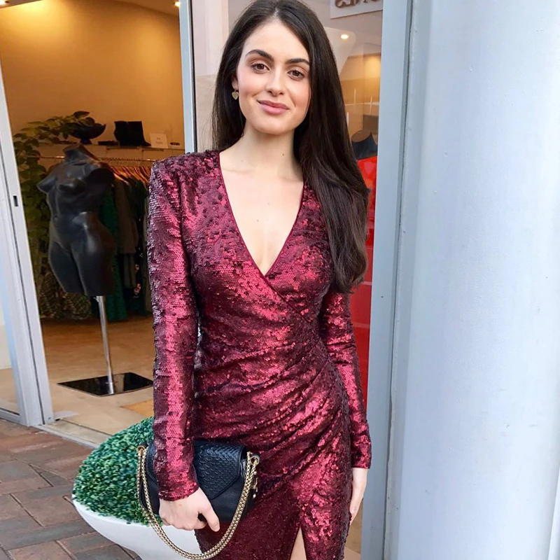 Bqueen, новинка, Vestidos, женское платье с длинным рукавом, v-образным вырезом, тонкое, с блестками, Драпированное, вечерние, сексуальные, с высоким разрезом, облегающее платье