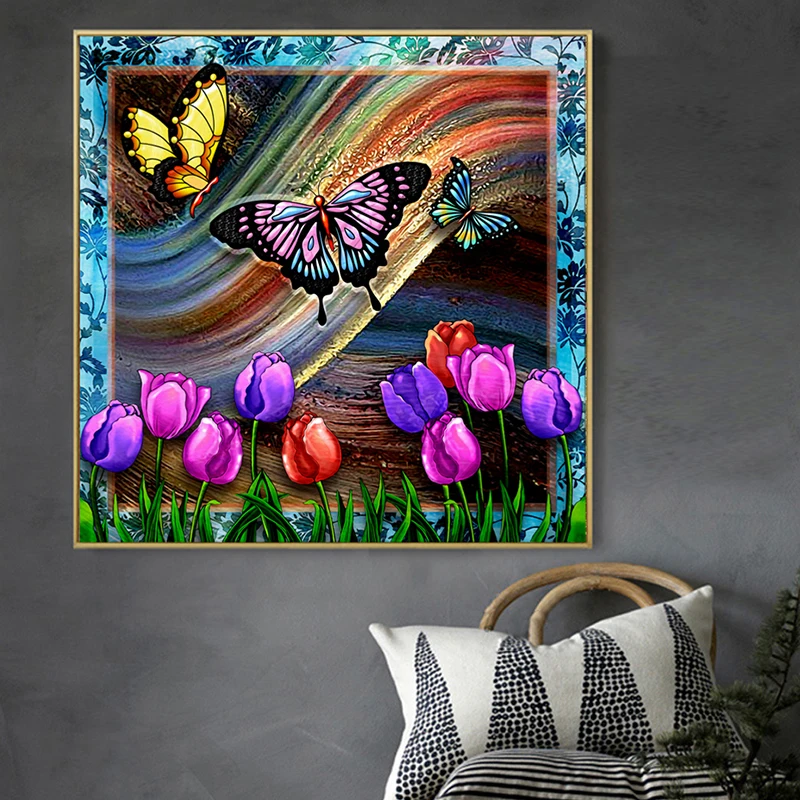 

Beautiful Butterfly tulip Pastoral Style 5D Diy Diamond Mosaic 3d Diamond Painting Rhinestone DIY Full Square Round Embroidery Decor