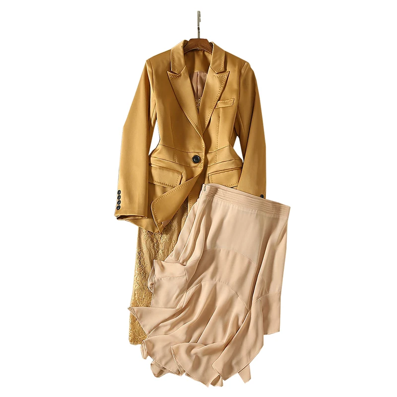 Женская одежда, комплекты из 3 предметов, высокое качество, сатиновый Блейзер, костюм+ шифоновая юбка до колен с рюшами+ кружевное платье-комбинация