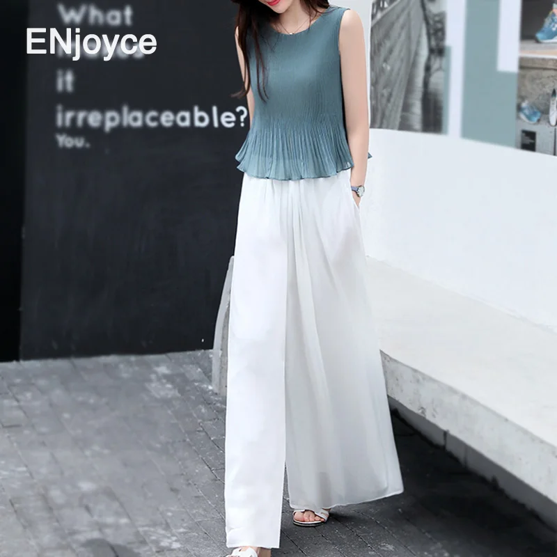 

Summer Elegant Sleeveless Ruffled Crop Top and Wide Leg Pants Two Pieces Set Women Casual Mom Clothes Suits Sets Korean Fashion