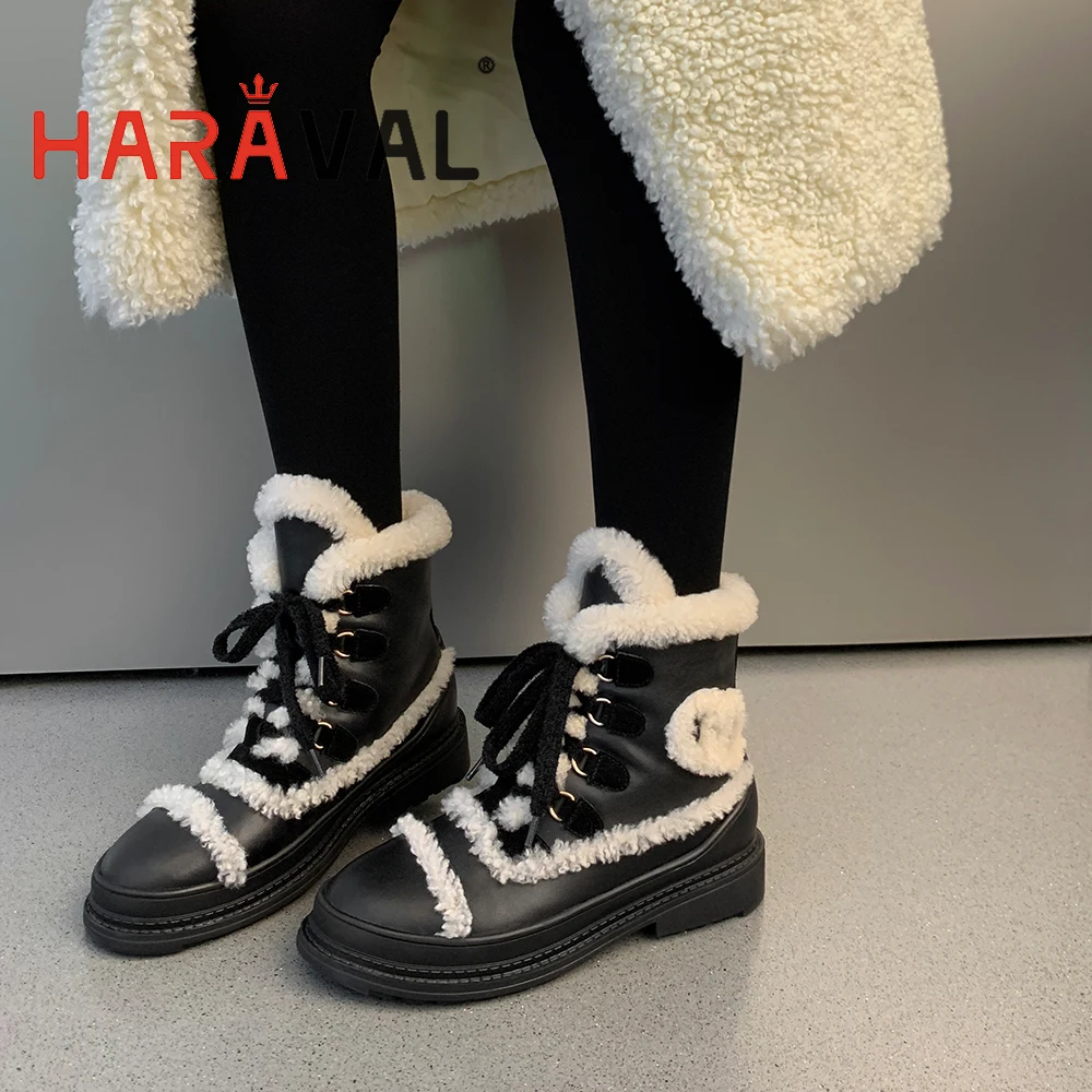 

Ankle Boots Shoes Women Snow Winter Warm Fashion Genuine Leather Patchwork Round Toe Wool Fur Black Lace Up Sewing Female E245L