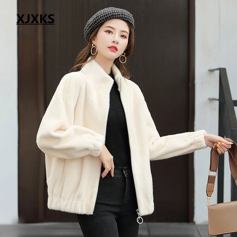 XJXKS Loose large size women woolen coat winter new thick warm comfortable cardigan women zipper jacket