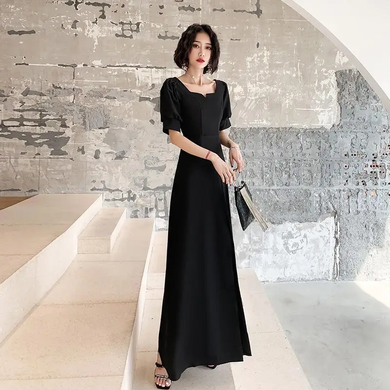 Черное женское элегантное платье Qipao с пышными рукавами, Размер 3XL, официальное вечернее платье, сексуальное платье с высоким Чонсам с высоким разрезом, новинка, квадратный воротник, Vestidos - Цвет: Black 8