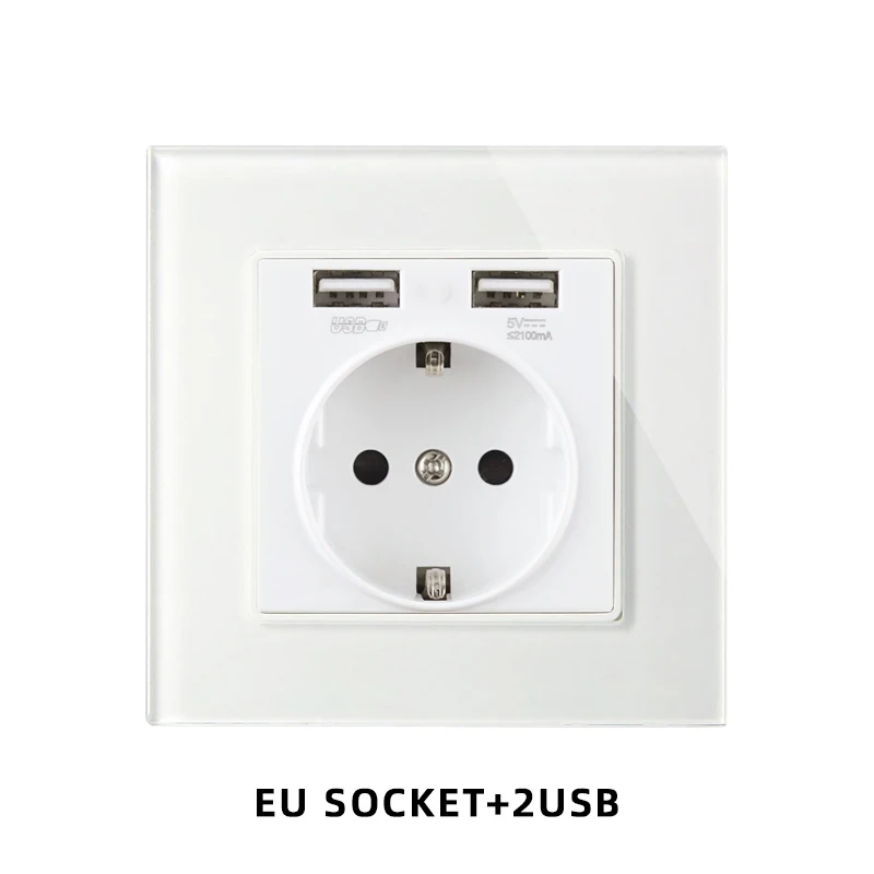 Outlets-tomas de corriente de toma de pared Usb con Panel de cristal  estándar europeo, toma de corriente con USB Dual 2.1A, 86, color blanco enchufe  usb enchufe pared enchufes de pared enchufe