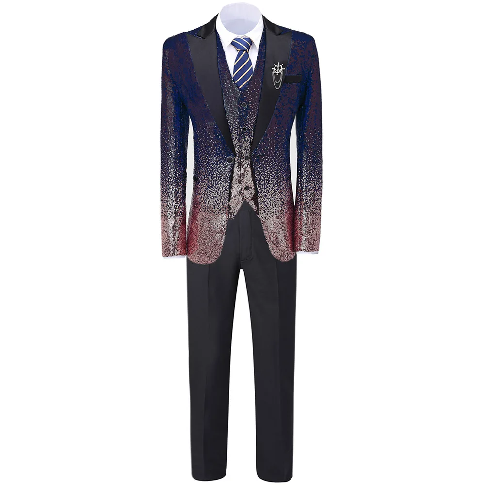 Приталенный градиентный мужской костюм с блестками, 3 предмета, деловой жилет с отворотом, повседневные смокинги для женихов, мужские вечерние костюмы(Блейзер+ жилет+ брюки - Цвет: Navy-Gold