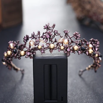 

Baroque Purple Crystal Flowers Bridal Tiaras Crown Head Pieces Black Rhinestone Pageant Crowns Vintage Wedding Hair Accessories