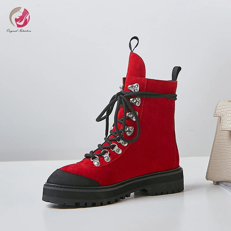 

Original Intention Popular Cross-tied Ankle Boots Woman Rivets Buckles Platform Mid Square Heels Round Toe Shoes Woman