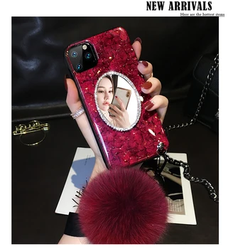 

Fashion Diamond Mirror Bling Glitter Case Cover With Fur Ball Pendant Hand Chain For Iphone 11 Pro Max XS Max XR X 8 7 6 6S Plus