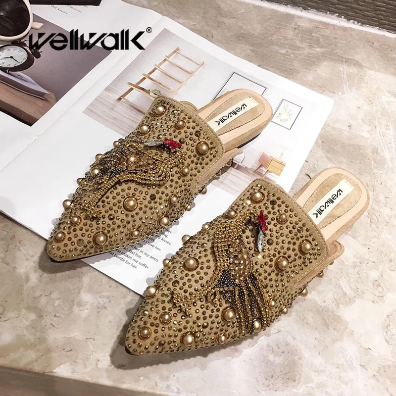 

Rhinestone Mule Shoes Women Flat Slippers Rivet Stud Animal Design Ladies Slip On Luxury Loafer Pointed Toe Ladies Flock Slides