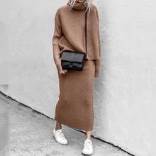 

Two Piece Set Women Korean Fashion Solid High Neck Knitted Skirt Suit Winter Elegant 2 Piece Set Women Clothing Fast Shipping