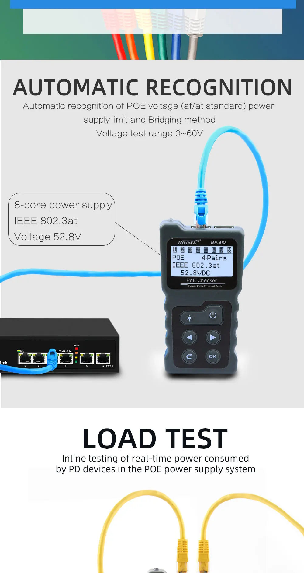 NF-488 Network Cable Tester Checker Over Ethernet CAT5 CAT6  PoE Switch Test Detector LCD Display Tools wire line tester