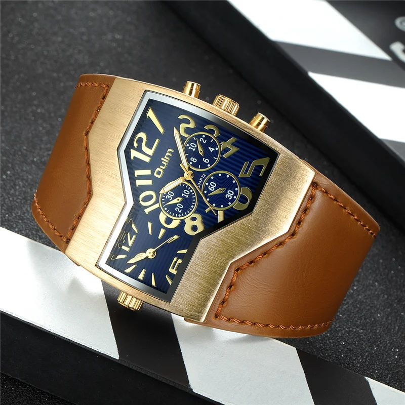 Oulm 1220B Golden Dial Luxury Men's Watches Unique Design Two Time Zone Watch Leather Strap Wristwatch relogio masculino