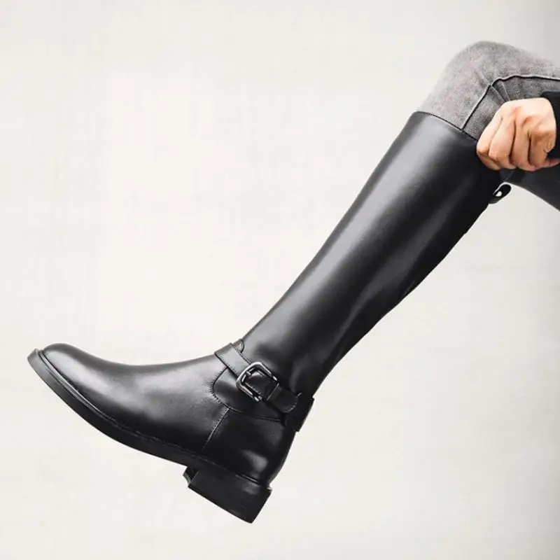 RIZABINA Real Leather Women Retro Knee High Boots Round Toe Flats Motorcycle Boots Buckle Sexy Winter Shoes Women Size 33-44