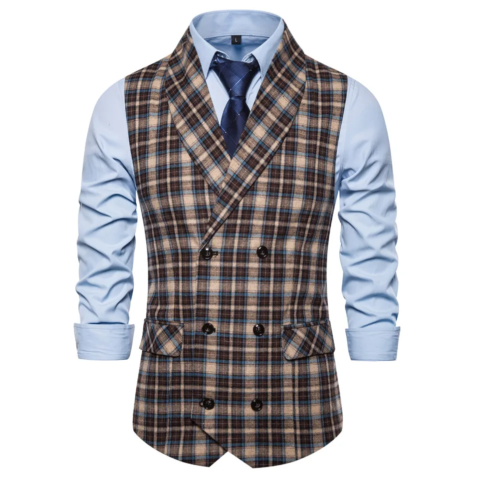 Vintage Suit Vest Men Casual Slim Fit Black Herringbone Vests Double Breasted V Neck Business Gilet Homme Chalecos Para Hombre