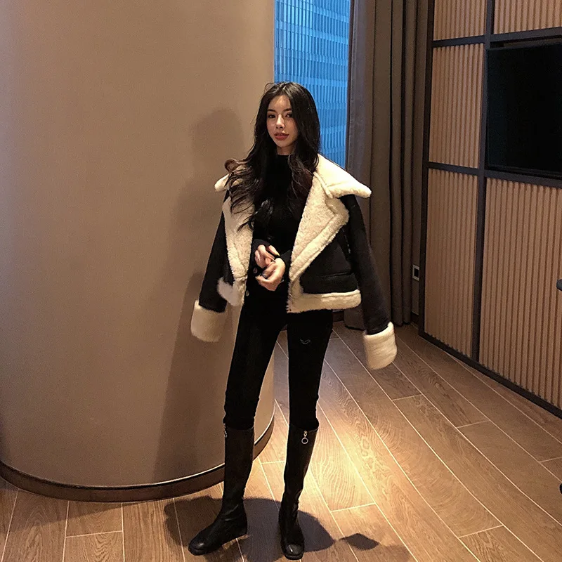 2019 Winter High -Quality Jacket Female Suede Lamb Keep Warm Wool Coat Motorcycle Lapels Coat Female Thicker Jacket Women black