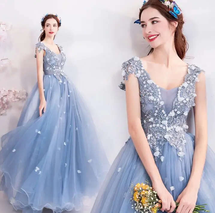 Blue Evening Dresses Elegant V Neck Lace Applique Beads Crystal A line Sleeveless Long Prom Gown Graduation Walk Beside You - Цвет: Синий