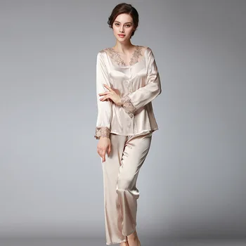 

2020 Faxu Silk Women's Pajamas Spring and Summer Ninth Sleeve Casual Leisure Tops Lace Pyjamas Women Sleepwear Pijama Mujer