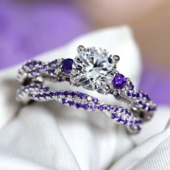 

Huitan Romantic Light Purple CZ Stone Women Set Rings for Engagement Ceremony Bright Novel Design Fashion Jewelry Engage Rings