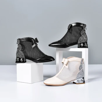 

Summer sweet Women genuine Leather Ankle Boots Butterfly Knot Mesh Thick Heel Boots Woman bling patchwork shoes woman