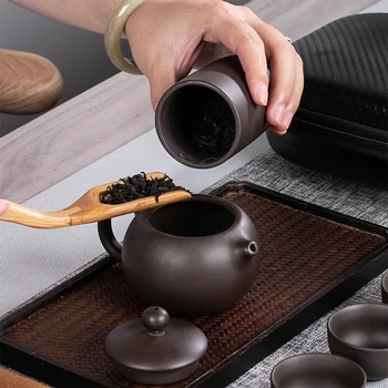 

Purple Sand Tea Cups Ceramic Portable Teapot Set Outdoor Travel Gaiwan Tea Cups Of Tea Ceremony Teacup Fine Gift Kung Fu Tea Set