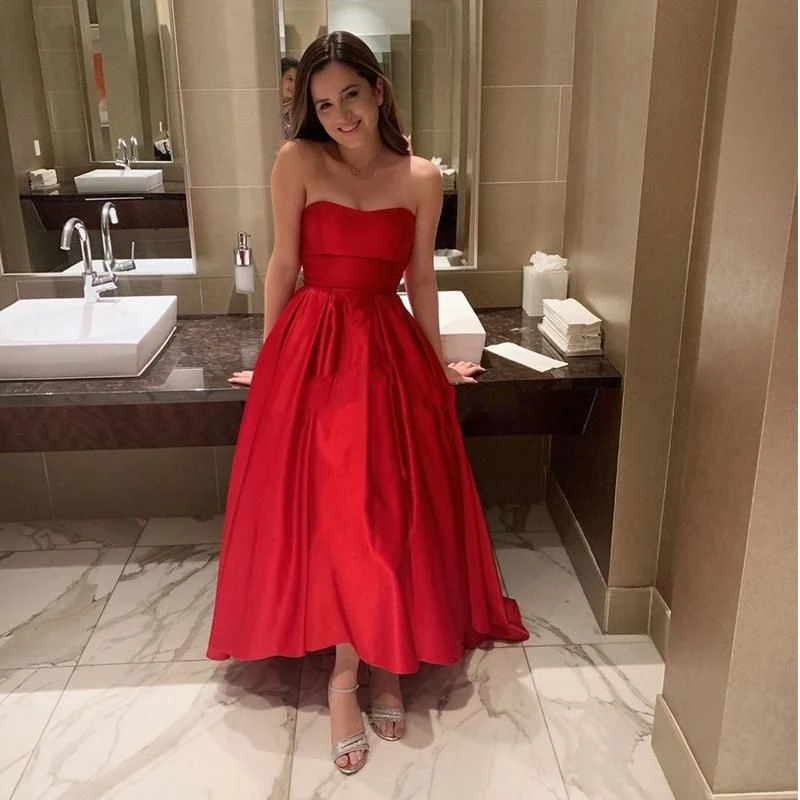 Rojo alto bajo Línea A, vestidos de graduación sin Falda plisada, vestido de graduación de satén, de fiesta formales simples|Vestidos de graduación| - AliExpress
